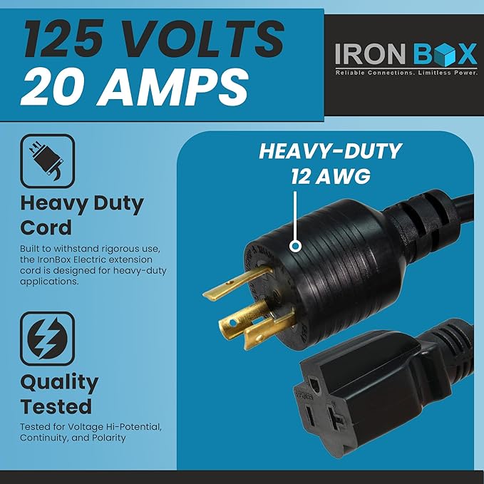 IronBox Electric NEMA L5-20P to 5-20R Power Cord Plug Adapter - 20A 125V 12 AWG - UL Listed Heavy Duty Adapter Cable for Generator Data Centers Computers Outdoor Events &amp More (Molded 1 ft)