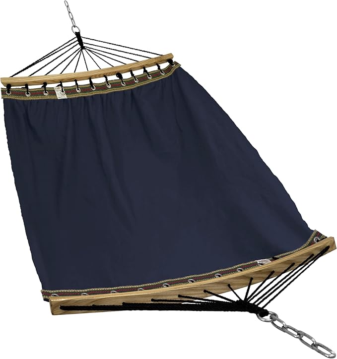 Tranquillo Double Hammock 2 Persons Cotton Canvas 600 lbs Portable Camping Hammock with Solid Curved Wood Spreader Bar Hammock for Camping Trave Outdoor Adventures Indoor Patio Garden Navy