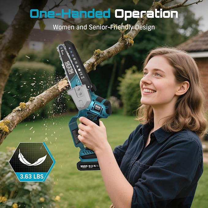 SEESII Brushless Mini Chainsaw 6 Inch Handheld Saw with 2 * 2000 mAh Batteries Cordless Chainsaw with Automatic Oiler Compatible with Makita 18V Battery Electric Saw for Tree Limb Branch Cutter