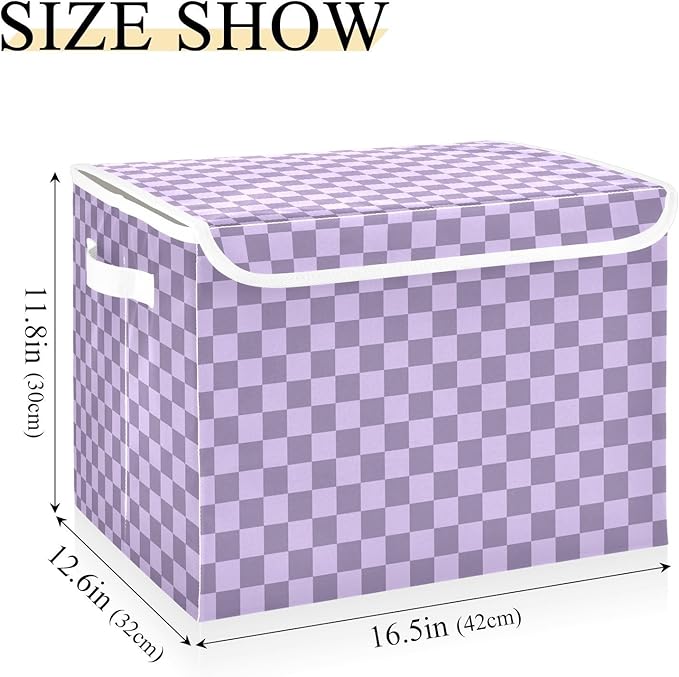 Purple Grey Checkerboard Storage Baskets Lidded Bin Foldable Storage Boxes Cubes Lids with 2 Handles for Organizing Closet Home Office