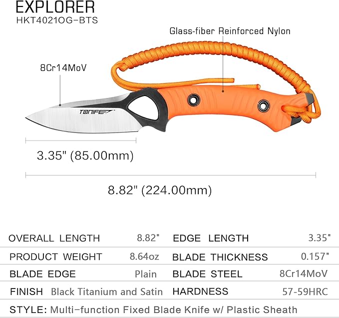TONIFE Explorer Fixed Blade Knife with Sheath 8Cr14moV Multifunctional Survival Knife Blade with Fiberglass Reinforced Nylon Handle for Outdoor EDC Knife