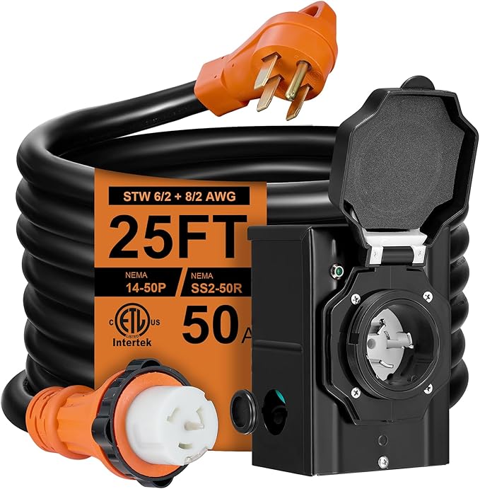 25FT 50 Amp Generator Cord with Pre-Drilled Power Inlet BoxHeavy Duty Generator Power Cord 4 Prong125/250VNEMA 14-50P Male to SS2-50R &amp CS6364WaterproofETL ListedHome/RV Power Supply