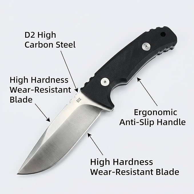 Fixed Blade Knife with Sheath 3.9 D2 Steel Survival Knives for Camping Bushcraft Hunting Ergonomic G10 Handle Outdoor Survival Gear Gift for Men Black