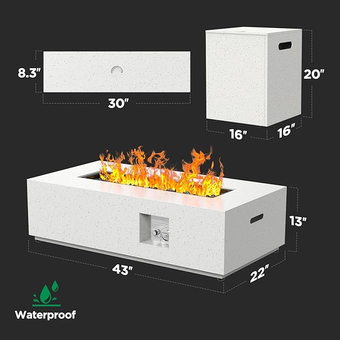Silonn 43Inch Propane Fire Pit 50000 BTU Outdoor Gas Fire Pit Table with CSA Certification Glass Rocks Rectangular Heater for Patio Backyard Deck Balcony with Waterproof Cover &amp Adjustable
