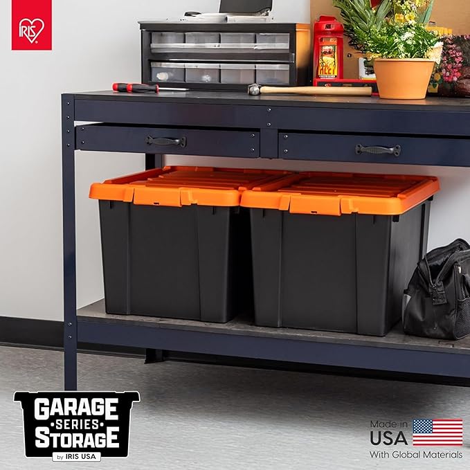 IRIS USA 20 Gallon Lockable Storage Bins with Lids 2 Pack - Made in USA Heavy Duty Stackable Containers Garage Organizing Bins Moving Tubs Rugged Sturdy Equipment Utility Box - Black/Orange
