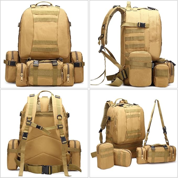 Tactical Backpack Military Army Rucksack 60L Large Assault Pack Detachable Molle Bag (Mud)