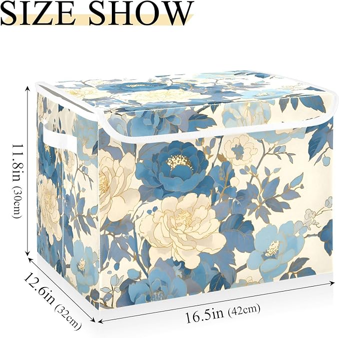 Blue White Peony Lidded Storage Bins with Handles - 16.5x12.6x11.8 Foldable Organizing Box Oxford Fabric &amp Honeycomb Board Dust-Proof Flip Lid for Closet/Office