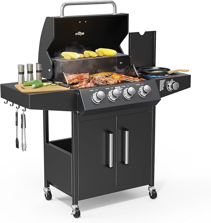 ROVSUN 4 Burner Propane Gas Grill with Side Burner 58000BTU BBQ Grills with Enameled Cast Iron Grates Shelf &amp Cabinet for Outdoor Garden Patio Backyard Barbecue Cooking