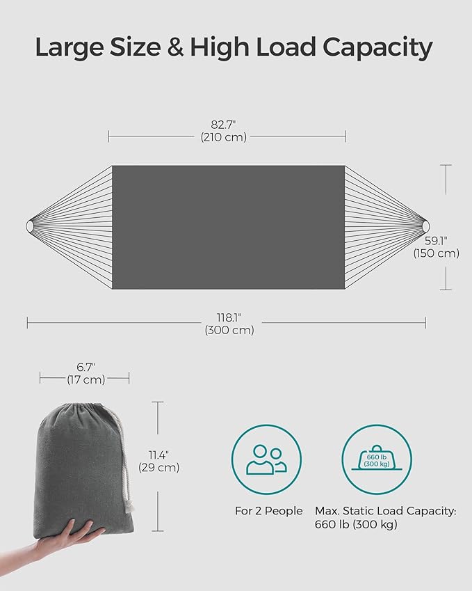 SONGMICS Double Hammock 98.4 x 59.1 Inches 660 lb Load Capacity with Compression Bag Mounting Straps Carabiners for Terrace Balcony Garden Outdoor Camping Gray UGDC15GY
