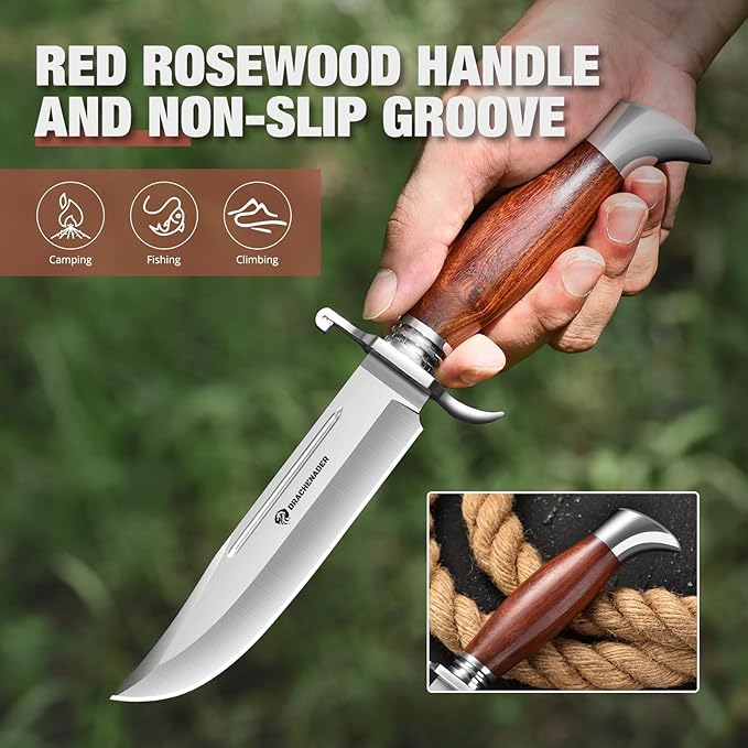 DRACHENADER Bowie Knife 10.5 Inch Hunting Knife with Sheath Outdoor Survival Bushcraft Fixed Blade Knife Comfortable African Rosewood Handle Incl. Black Gift Box