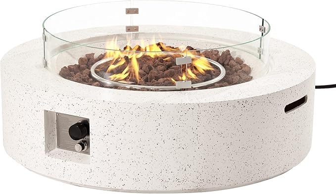 SUNBURY Outdoor 42 Inch Propane Fire Pit Table Patio Gas Fire Table 50000 BTU Fire Pit for Outside in Spotted White w Glass Wind Guard Lava Rocks