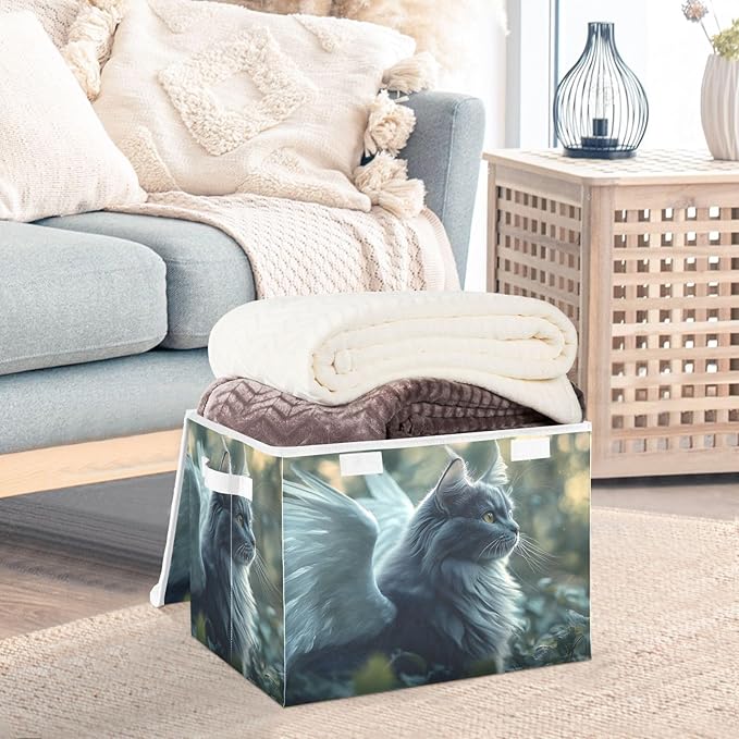 AIXIWAWA Lidded Storage Cube (Cat with Wing) Fabric Foldable Closet Bins with Flip Lid and Handles Organizer Basket Container 16.5 x 12.6 x 11.8 IN
