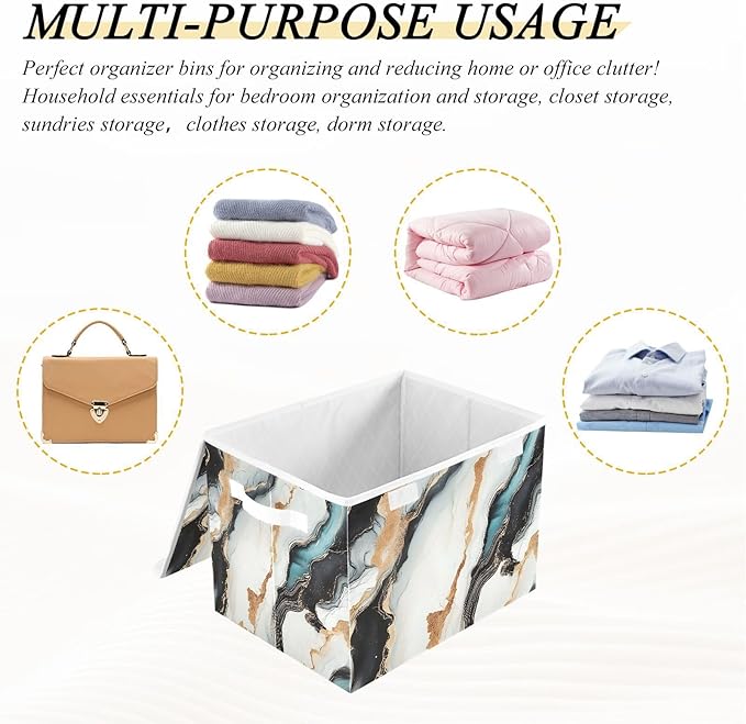 Storage Cube with Lid Gold Green Marble Print 16.5×12.6×11.8 IN 1 Pack Collapsible Large Capacity Foldable Storage Basket Bin Organizer