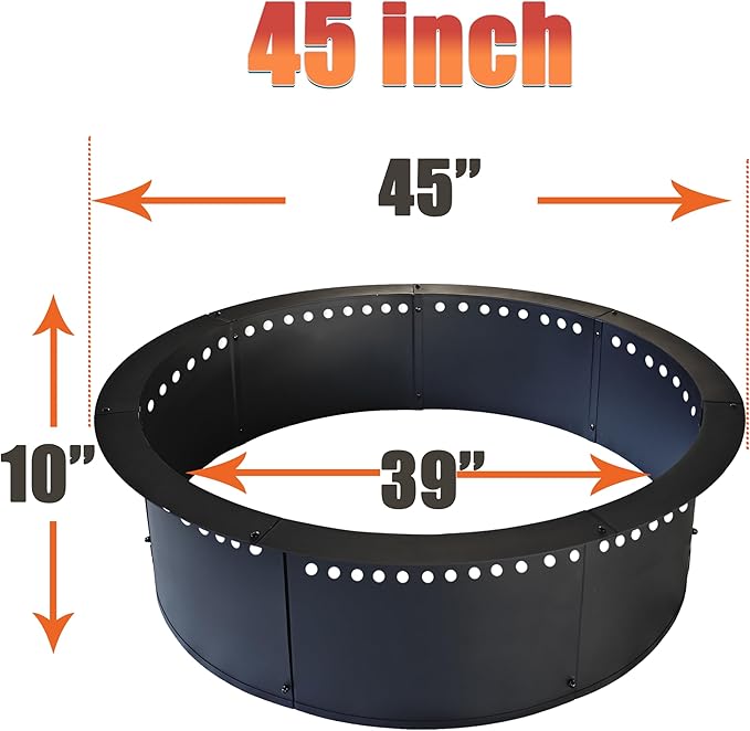SoulMate Outdoor 45-Inch Outer/39-Inch Inner Fire Pit Ring SmokelessDuty Solid Metal Steel Round Firepit Rim Insert for DIY Fire Pits Outdoor Above or In-Ground Camping Garden Patio Backyard.