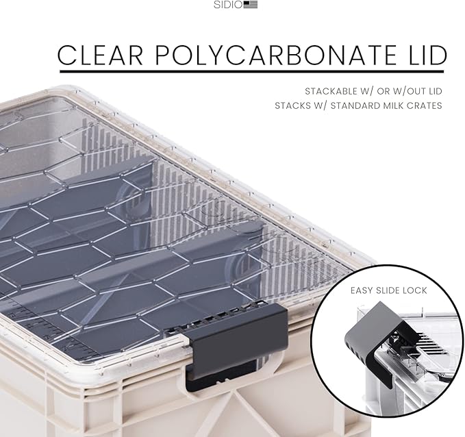 SIDIO CRATE Pro Pack - Two Full Size and One Half Size Heavy Duty Stackable Storage Bins Totes and Containers with Lids and Dividers - Durable Organizer for Home Office Garage and Outdoor Use