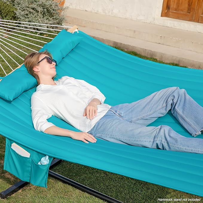 GAFETE Hammock 2 Person Quilted Fabric Hammocks for Outside Double 12ft Hammocks with Spreader Bar Large Removable Pillow Storage Bag Carabiners Max 475 lbs Capacity (Canyon Creek Aqua)