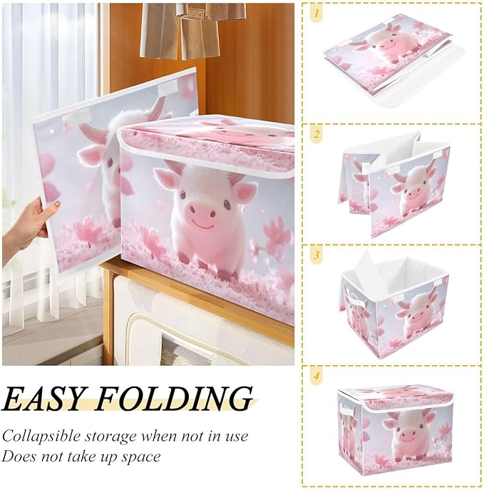 AIXIWAWA Lidded Storage Cube (Cute Cow) Fabric Foldable Closet Bins with Flip Lid and Handles Organizer Basket Container 16.5 x 12.6 x 11.8 IN