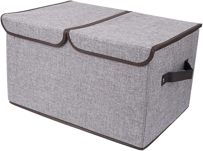 Foldable Storage Bin Double Lids Cotton Linen Organizer for Home Office Nursery Capacity Storage Box Handles for Toys Clothes