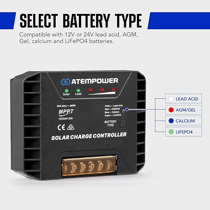 ATEM POWER 20A 12V/24V MPPT Solar Charge Controller Selecting Battery Type Activate Lithium Battery Intelligent Solar Controller Compatible with Lead Acid AGM Gel Calcium and LiFePO4 Battery
