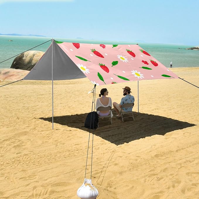 xigua Strawberry Beach Tent Sun Shelter with Carrying Bag - Silver Coated Oxford Fabric Beach Canopy for Beach Camping Fishing - Includes Windproof Ropes Sandbags &amp Stakes