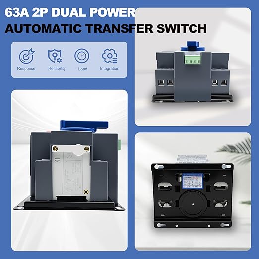 220V 2P 63A Dual Power Automatic Transfer Switch Generator Changeover Switch 50Hz/60Hz with Automatic and Manual Switching Modes