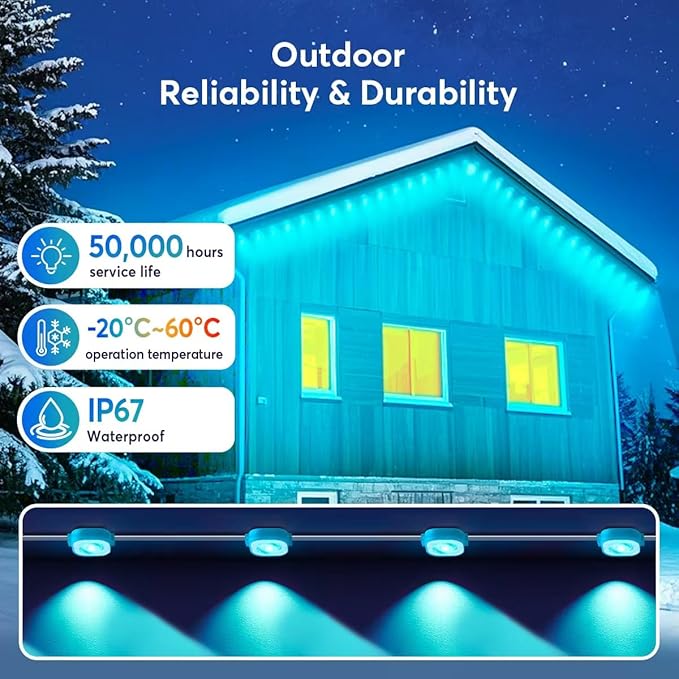 Permanent Outdoor Lights Pro 50ft RGB LED Eaves Lights IP67 Waterproof with Smart App&ampRemote Controlfor ChristmasParty Daily Halloween and All Holiday Decor