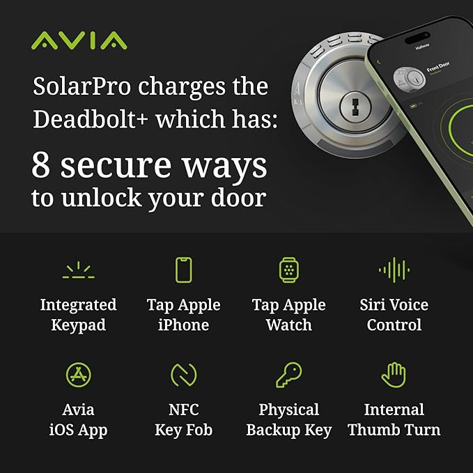 Avia Smart SolarPro. Solar Panel to Recharge The Avia Deadbolt+ Smart Lock. in Good Sunlight Helps Maintain Battery Life for Up to 5 Years*.