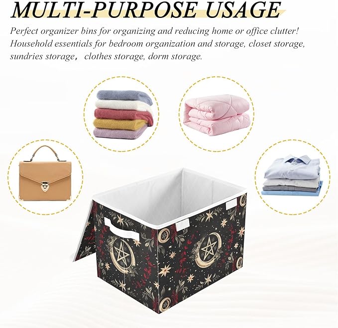 Pagan Wiccan Black Large Storage Bins with Linen Foldable Storage Box Fabric Closet Organizer Containers Cubes with Flip-Top Lid for Home Office 16.5” x 12.6” x 11.8”
