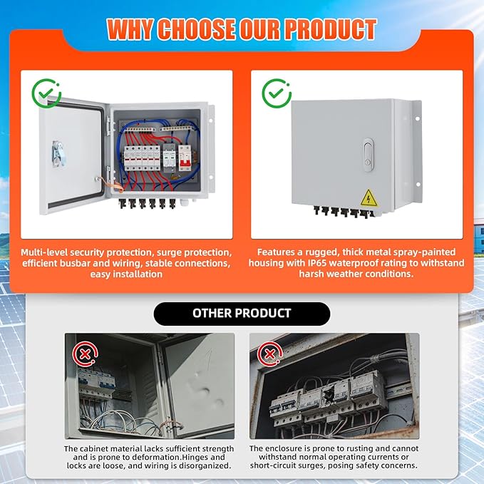 Doniks 6 String Metal Solar Combiner Box IP65 Waterproof PV Combiner Box with 20A Rated Current Fuse 63A Air Circuit BreakerLightning Arrester Metal Box for On/Off Grid Solar Panel System