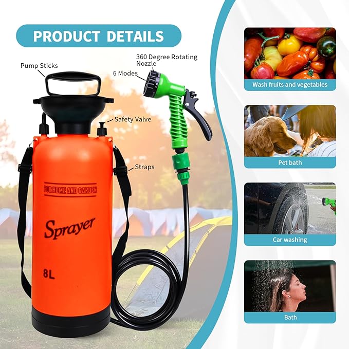 Portable Shower for Camping with 7 Spray Modes Camping Shower for Beach Shower Car Shower Hand Press with Removable Hose and Shower Head