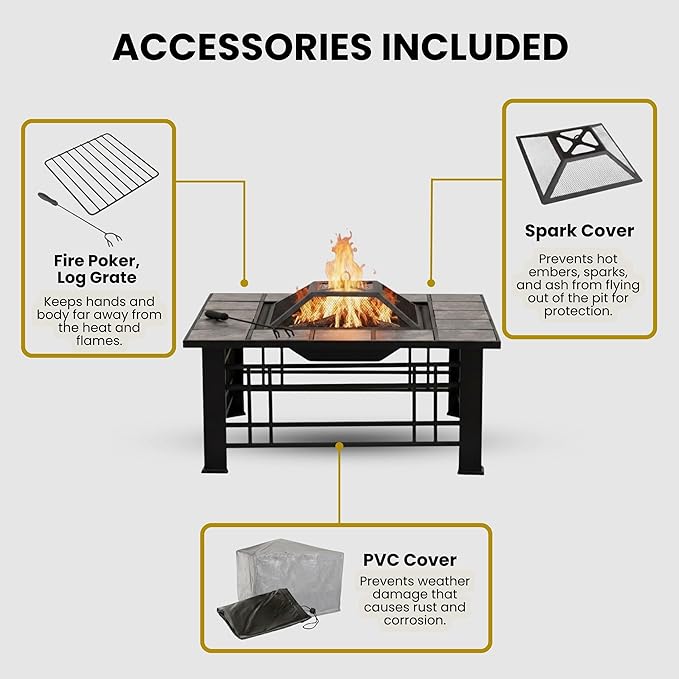 Fire Pit Set Wood Burning Pit - Includes Spark Screen and Log Poker - Great for Outdoor and Patio 32” Square Tile Firepit by Pure Garden