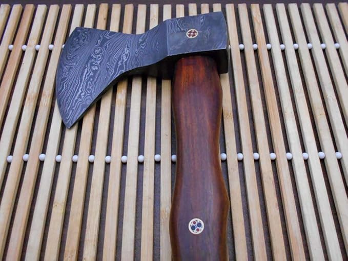 Damascus Steel Log Splitter Axe 14.5 Inches Long Hand Forged with Rose Wood Round Handle Bearded Hiking Battle Axe Thick Cow Hide Leather Sheath