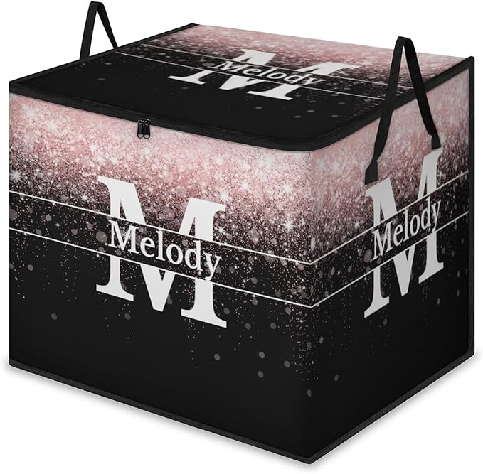 Custom Comforters Storage Basket with Lid Personalized Name Initial Letter Large Organizer Bin for Pet/Children Toys Books Clothes Perfect for Rooms/Playroom Pale Pink Bling with Black