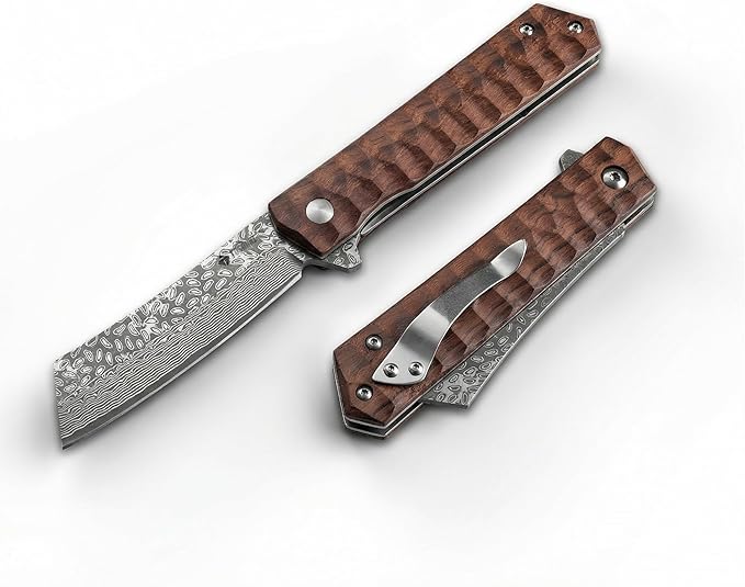 Pocket Knife Damascus Steel 3.54 Tanto Blade Folding Knife for Rosewood Handle with Clip for Men Women for EDC Camping Gift