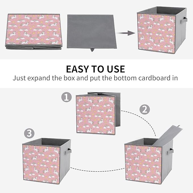 Collapsible Storage Box with Handles Cute Pink Unicorns Multi-Purpose Foldable Cube Bin for Pantry Garage Bathroom Quick-Fold Design for Easy Storage