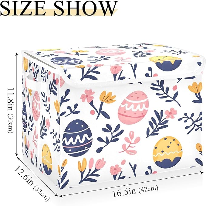 Doodle Easter Eggs and Flower Pattern Foldable Storage Baskets Fabric Boxes with Handle Organizers with Flip-Top Lids Storage Bins for Home Bedroom Office