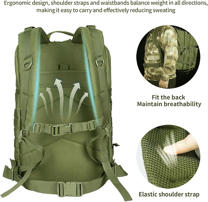 45L Military Tactical Backpack For Men Highland Assault Large Army Pack 3 Day Molle Bug Out Bag With Water Cup Bag Outdoor Camping Hiking Daypack Green Rucksack