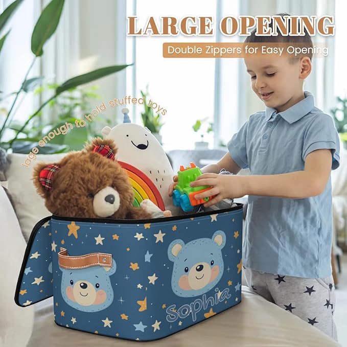 Custom Storage Basket with Name Personalized Storage Bins with Zipper Lid Foldable Fabric Storage Box Large capacity with Handle Star Blue Bear