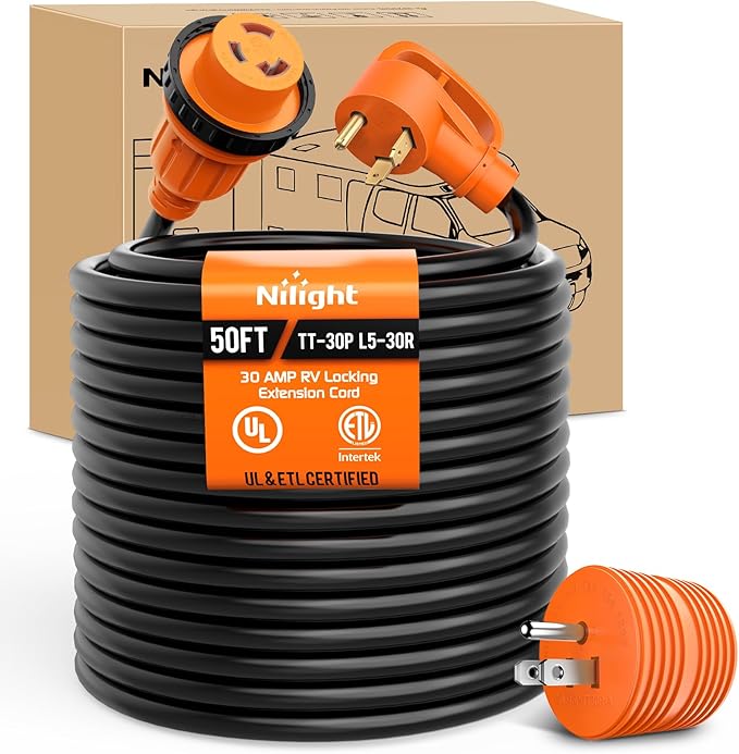Nilight 30 Amp 50FT RV Locking Extension Cord with Adapter 15Amp to 30Amp 125V Heavy Duty 10 Gauge Pure Copper STW Wire ETL Listed 3 Prong TT-30P L5-30R 30F/30M Weatherproof Suit for Camper Trailer