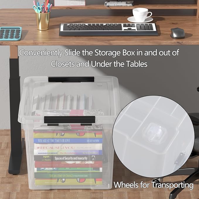 4 Pack 50 Quart Plastic Storage Bins with Lids and Wheels Large Clear Plastic Storage Totes Stackable Organizer Containers for Garage Closet Pantry Home Office