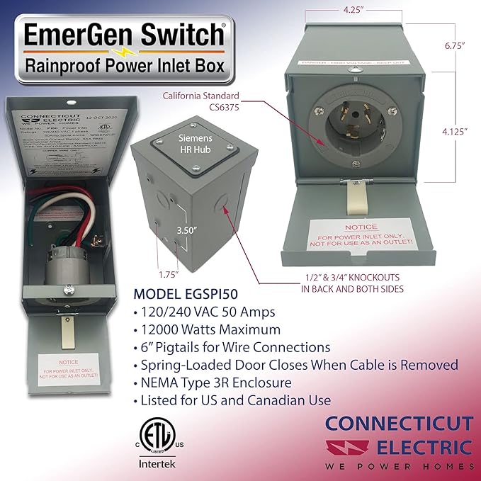 Connecticut Electric EGSPI50 50A Rainproof Generator Power Inlet Box with Cover CS6375 SS2-50P Receptacle Gray