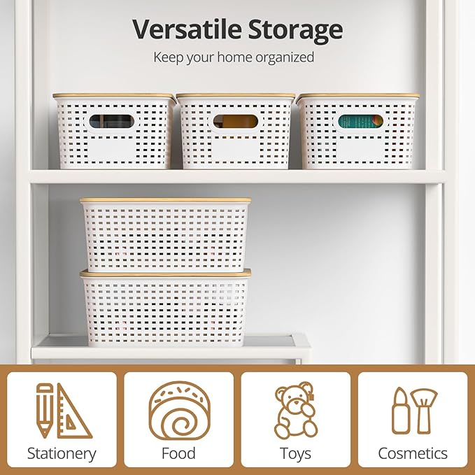 Plastic Storage Baskets with Bamboo Lids Stackable Small Box Bins for Organizing and Containers for Shelves Drawers Desktop Closet Pantry Classroom Office Home 6 Pack 10.2x7.2x4.1 Inch White