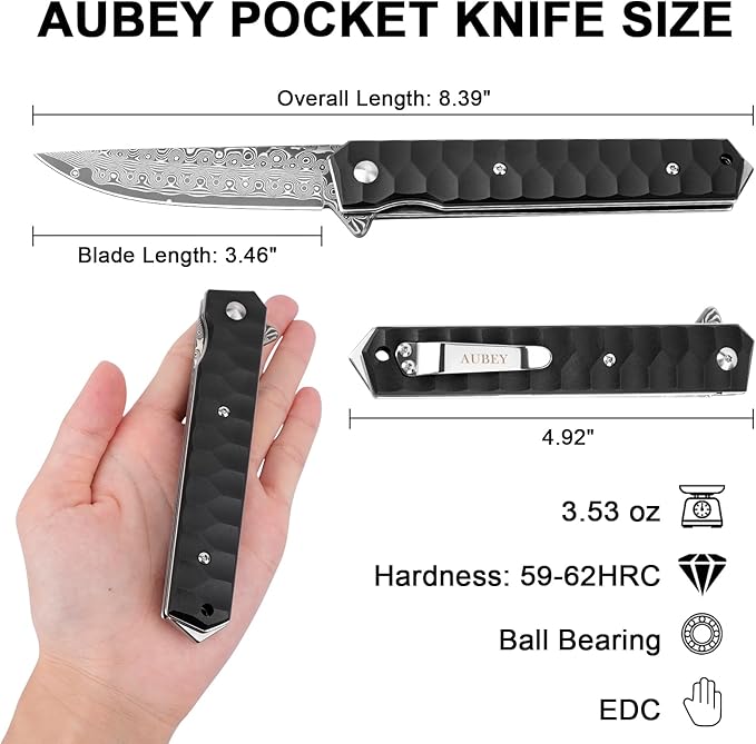 AUBEY Damascus Pocket Knife with Clip Tanto Blade Damascus Steel Folding Knives for Men Tactical Aluminum Handle with Glass Breaker for EDC Camping