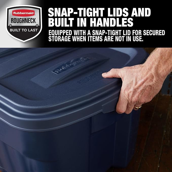 Rubbermaid Roughneck Tote 50 Gal 2 Pack Made in USA Dark Indigo Metallic Rugged Plastic Stackable Storage Bins with Lids and Handles