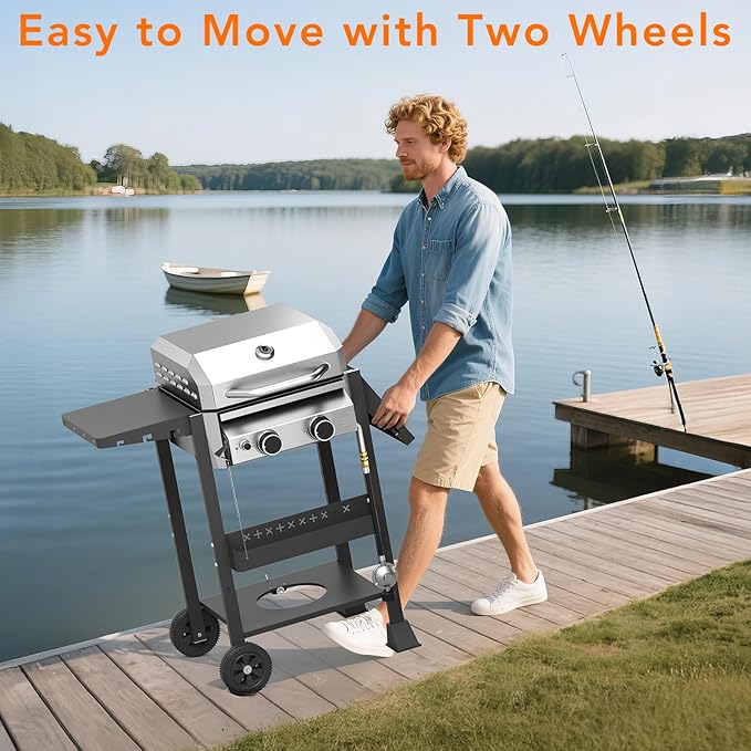Electactic Propane Gas BBQ Grill 2-Burner Barbecue Grills with Cast Iron Frying Pan and Grates Combo 16000 BTU Output Stainless Steel Grill for Outdoor Cooking Patio Backyard Party