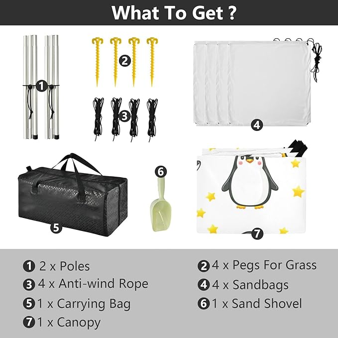 Beach Canopy with Windproof Ropes &amp Sandbags Beach Tent Sun Shade Sun Shelter for Camping Trips Fishing Backyard Fun or Picnics Penguins