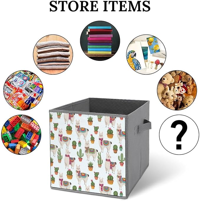 Space-Saving Fabric Storage Cubes Llama And Cactus Collapsible Baskets with Handles Stylish Storage Solution for Home