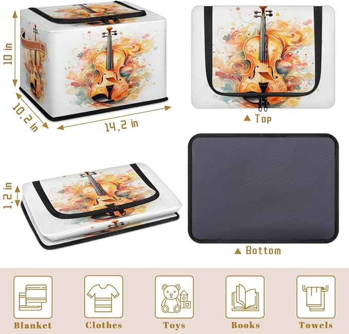 Music Violin Storage Box with Lid Watercolor Instrument Collapsible Storage Bins Baskets Cubes Closet Shelf Clothes Organizer Containers with PU Leather Handles