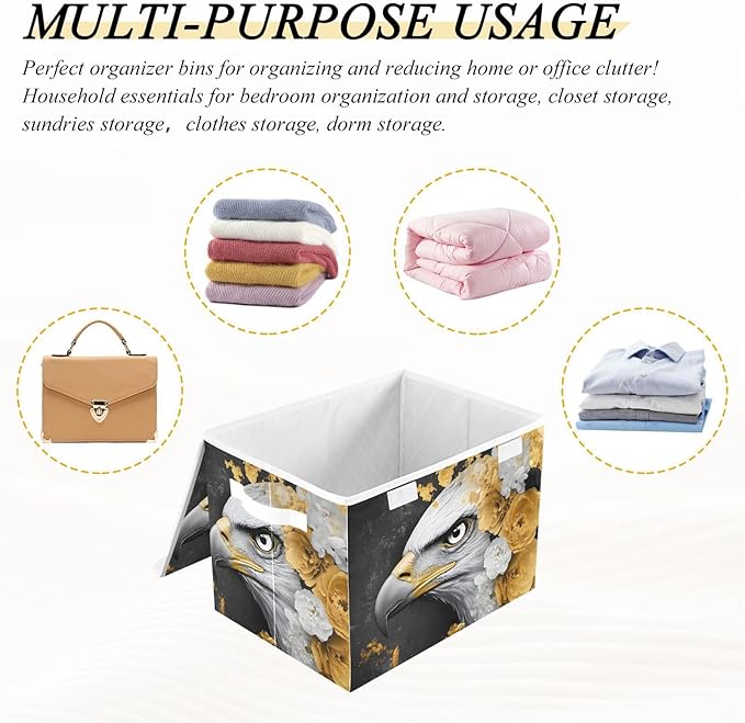 AIXIWAWA Lidded Storage Cube (Bird Gold Floral) Fabric Foldable Closet Bins with Flip Lid and Handles Organizer Basket Container 16.5 x 12.6 x 11.8 IN
