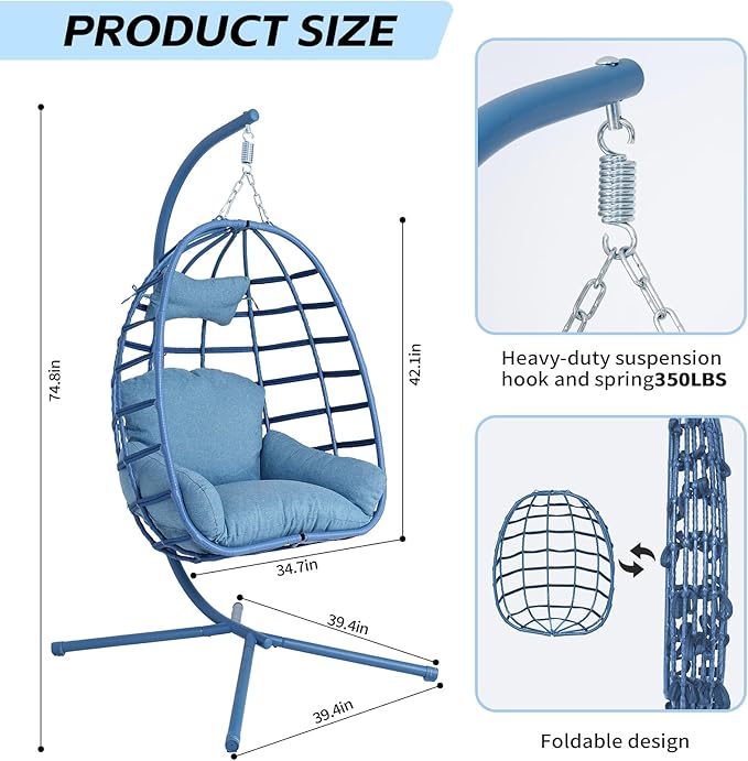 Hanging Egg Chair with Stand Outdoor Indoor Patio Rattan Swing Hammock Chairs with Washable Cushion 350lbs Capacity PE Wicker Swing Chair for Backyard Bedroom Garden (Blue + Blue Cushion)